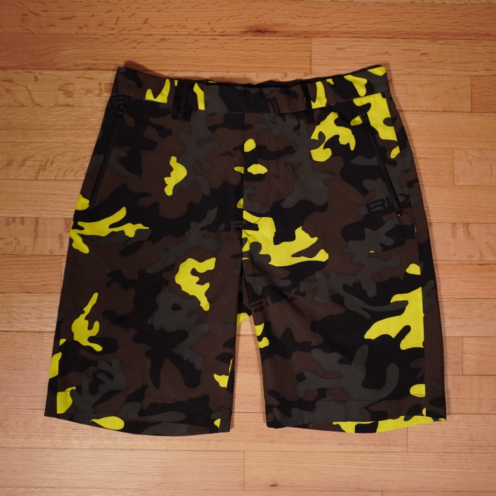 RLX Ralph Lauren Yellow Black Camo Golf Shorts Size 32 100% Polyester Brand New